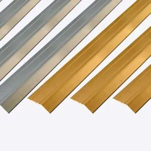 "8mm Angle Edge" for a smooth join to resilient floor coverings. Quick and easy to install. Self adhesive range for fantastic quality combined with faster fitting. Available in Matt Silver and Matt Gold.